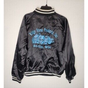 Vintage 80s Ridge Stone Products Inc. Berlin, WI Satin Bomber Jacket Size XL